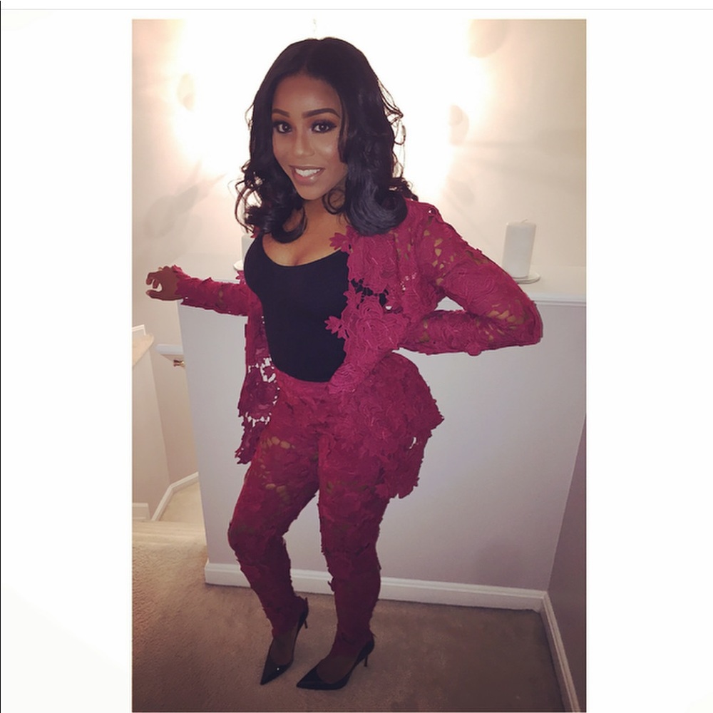 Red Mesh Flower Pants Suit Set